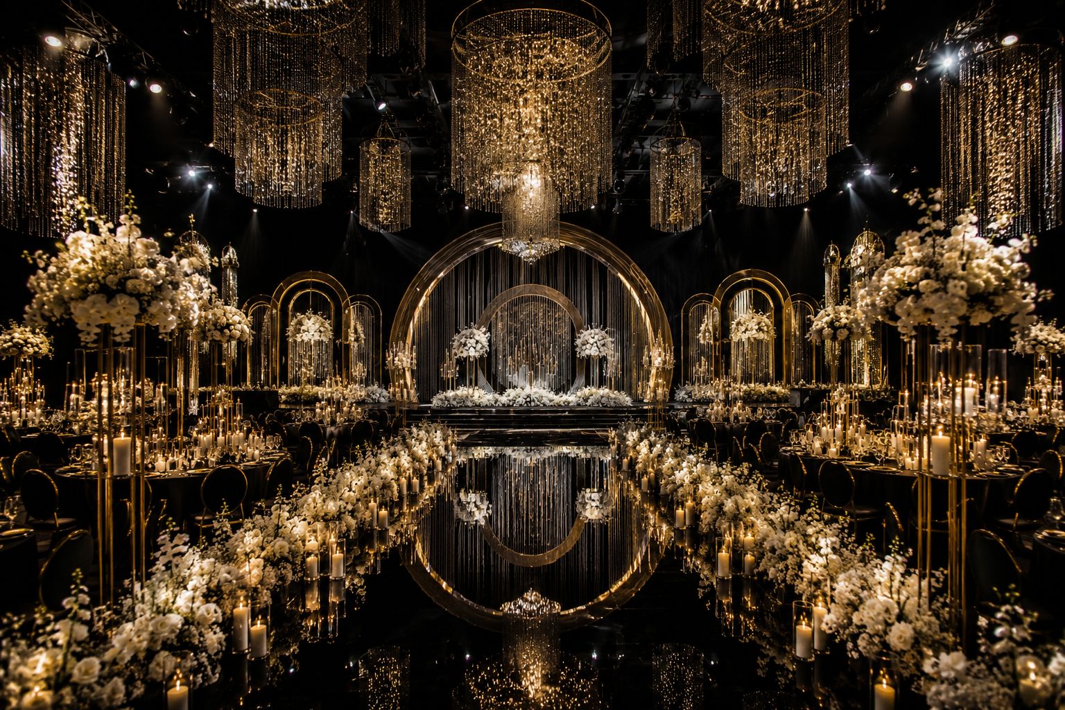 Elegant black and gold event hall with floral decoration